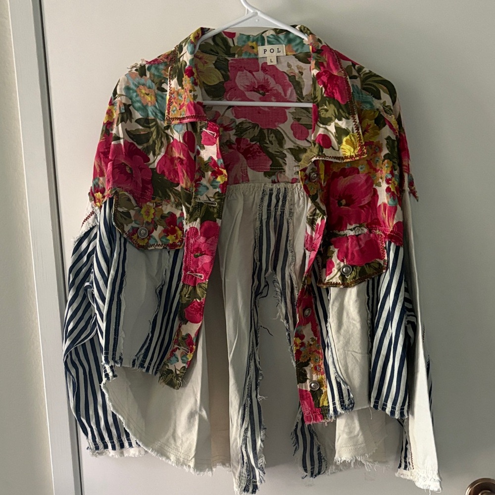 POL Pink Floral and Blue Striped Jacket